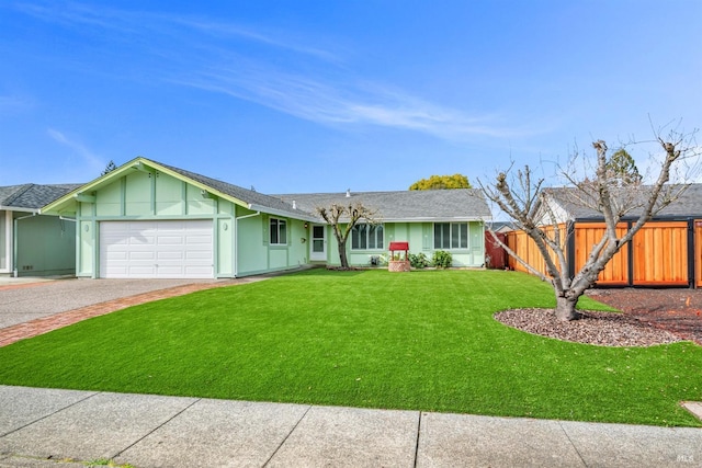 view of front of home featuring stucco siding, driveway, fence, an attached garage, and a front yard