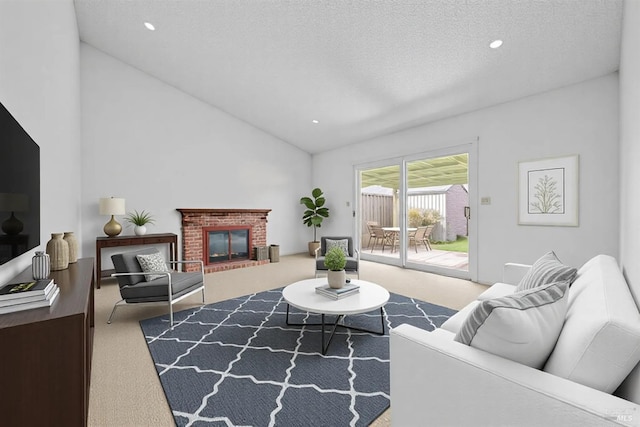 carpeted living room with lofted ceiling, recessed lighting, a fireplace, and a textured ceiling