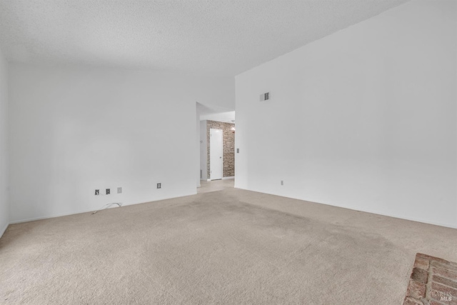 spare room with a textured ceiling, vaulted ceiling, and light carpet