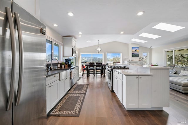 kitchen with stainless steel appliances, open floor plan, a healthy amount of sunlight, and dark wood-style flooring