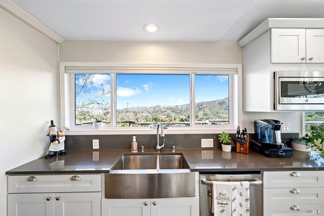 kitchen with appliances with stainless steel finishes, a sink, a wealth of natural light, and white cabinetry