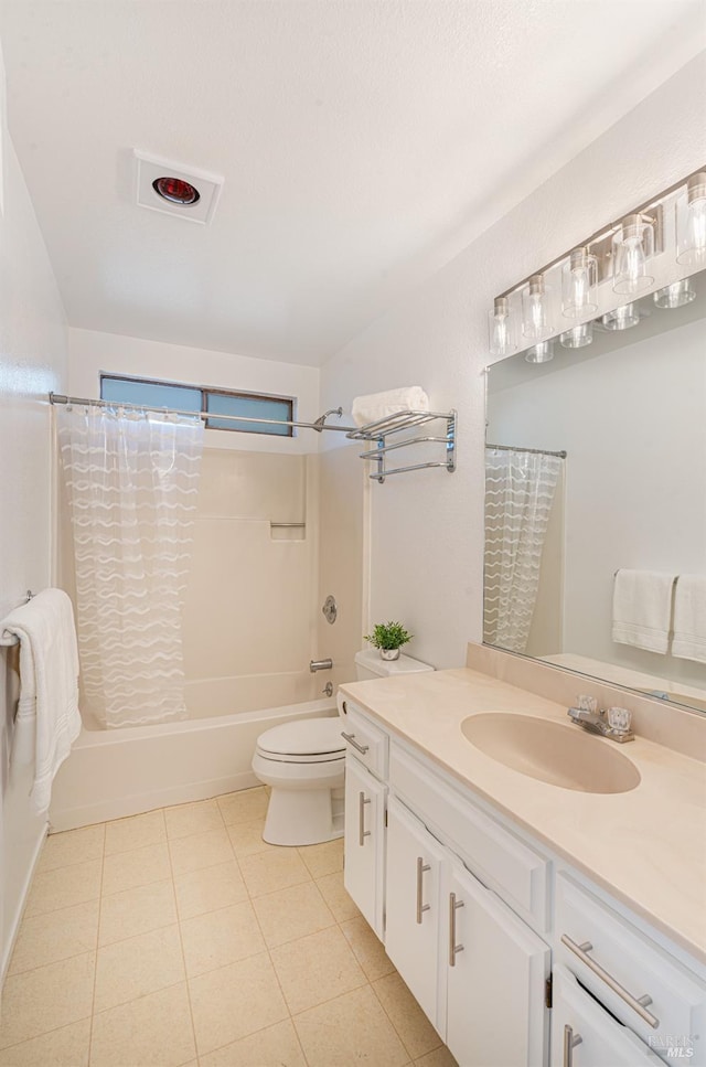 full bathroom with toilet, shower / tub combo, tile patterned floors, and vanity