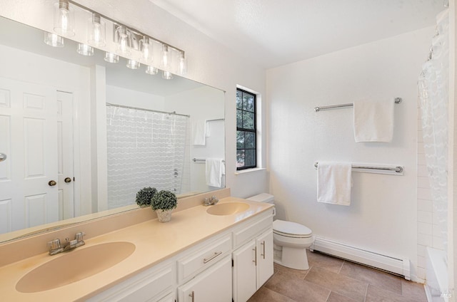 full bathroom with a baseboard heating unit, a sink, toilet, and a shower with curtain