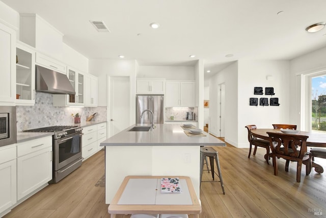 kitchen featuring visible vents, a sink, stainless steel appliances, light wood finished floors, and extractor fan