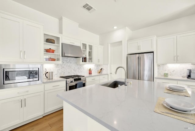 kitchen with visible vents, a sink, tasteful backsplash, stainless steel appliances, and exhaust hood