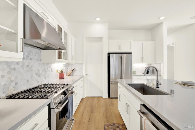 kitchen featuring range hood, appliances with stainless steel finishes, light countertops, and a sink