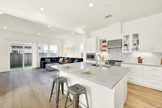 kitchen with visible vents, under cabinet range hood, a sink, stainless steel appliances, and decorative backsplash