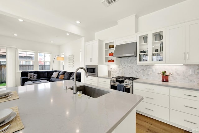 kitchen with visible vents, under cabinet range hood, decorative backsplash, appliances with stainless steel finishes, and a sink