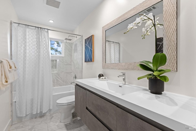 550 Sequoia Dr, San Anselmo, CA 94960 - bathroom with shower / bathtub combination with curtain, vanity, visible vents, toilet, and marble finish floor