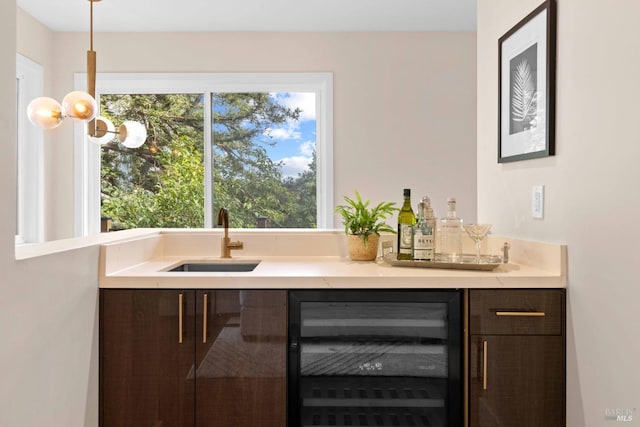 550 Sequoia Dr, San Anselmo, CA 94960 - bar with wine cooler, pendant lighting, bar area, and a sink