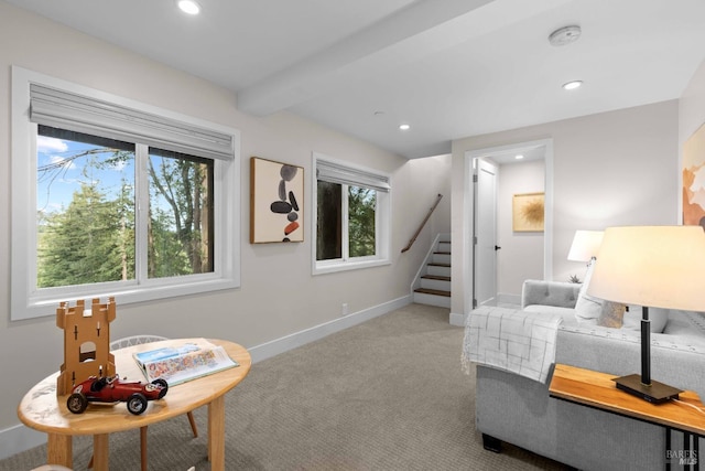 550 Sequoia Dr, San Anselmo, CA 94960 - sitting room featuring beamed ceiling, light colored carpet, recessed lighting, stairs, and baseboards