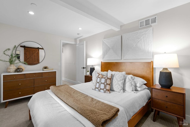 550 Sequoia Dr, San Anselmo, CA 94960 - carpeted bedroom with recessed lighting, visible vents, baseboards, and beam ceiling