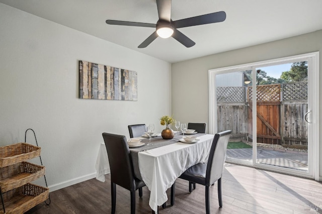 dining area with baseboards and wood finished floors