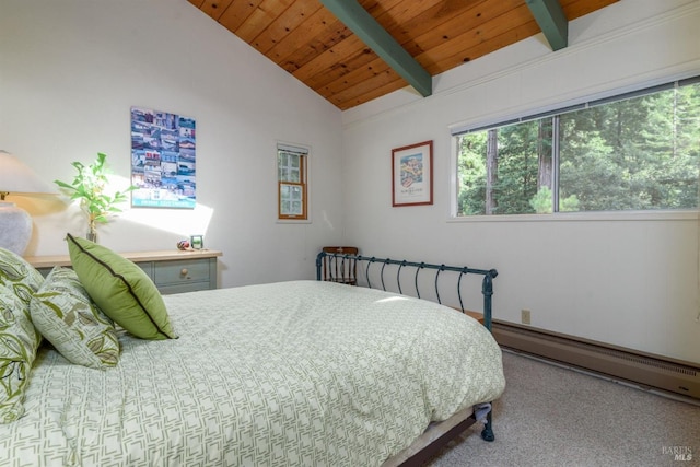 bedroom with wooden ceiling, carpet flooring, lofted ceiling with beams, and baseboard heating