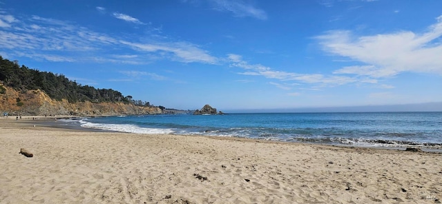 view of water feature with a beach view