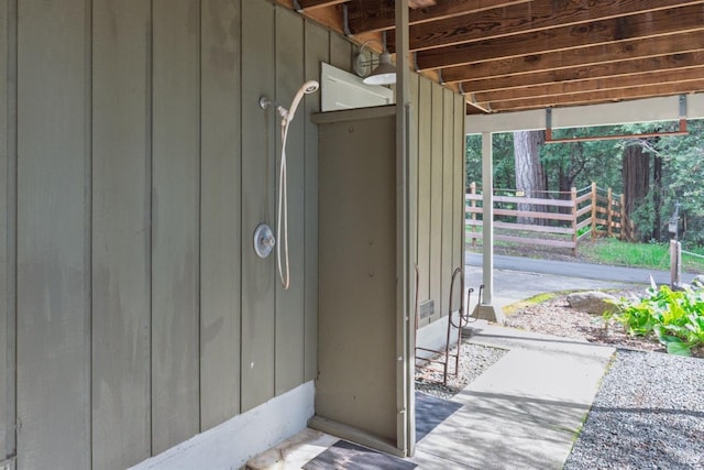 exterior details featuring board and batten siding