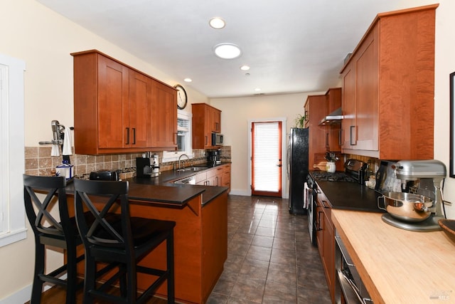 kitchen with a sink, appliances with stainless steel finishes, decorative backsplash, and under cabinet range hood