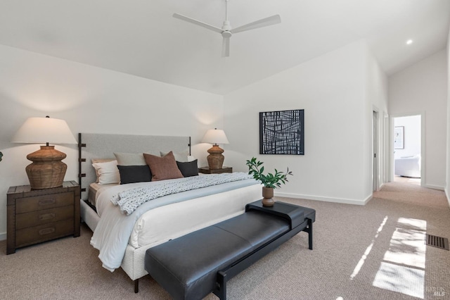 carpeted bedroom featuring baseboards, visible vents, vaulted ceiling, and recessed lighting