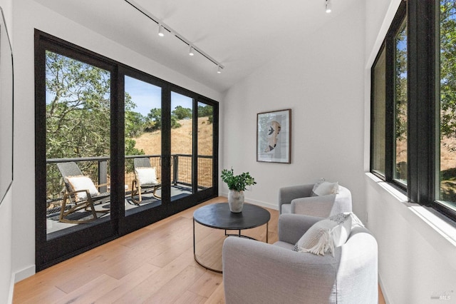 living area with track lighting, lofted ceiling, baseboards, and wood finished floors