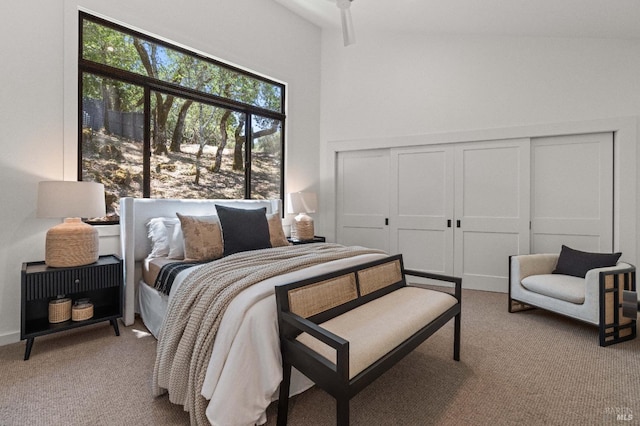 carpeted bedroom with a closet and a towering ceiling