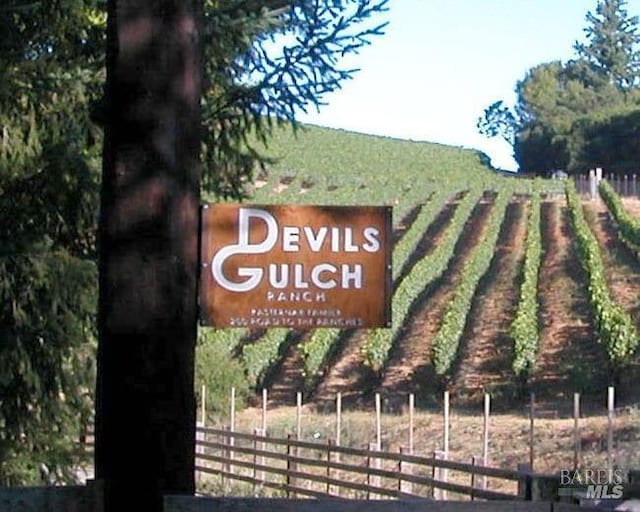 community sign with a rural view and fence