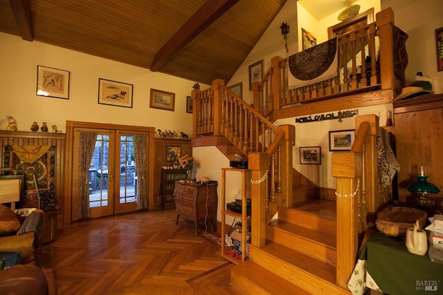 stairway featuring high vaulted ceiling, beam ceiling, wooden ceiling, and french doors