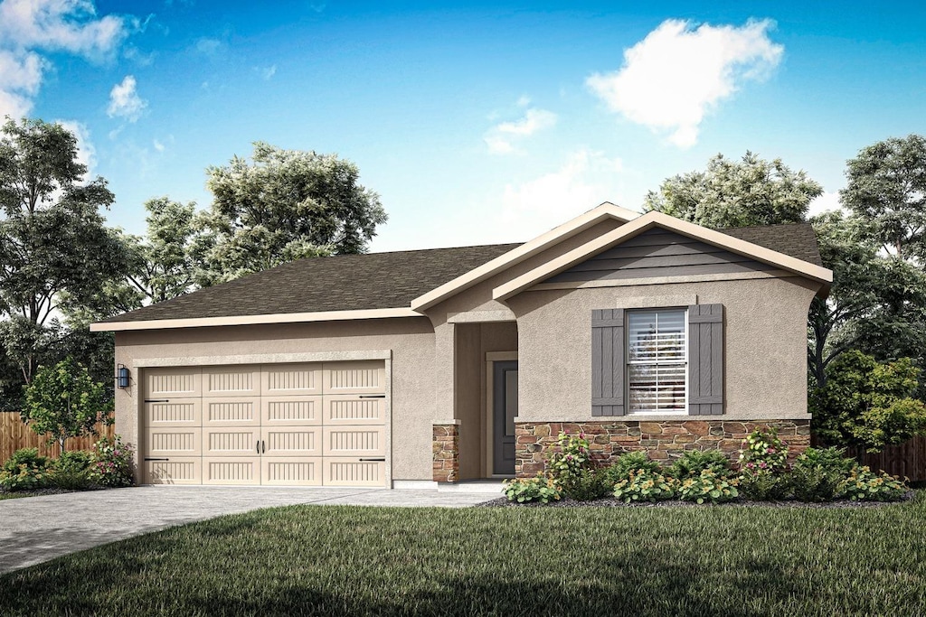 single story home with fence, an attached garage, stucco siding, a front lawn, and stone siding