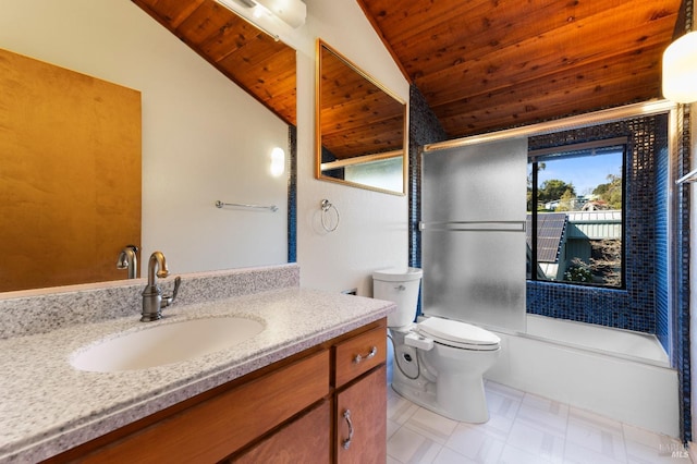 bathroom featuring vaulted ceiling, toilet, vanity, and wood ceiling