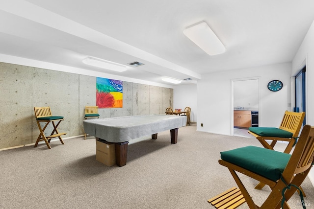 recreation room featuring carpet, pool table, visible vents, and a sink