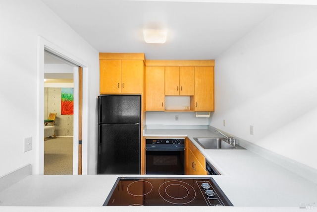 kitchen with black appliances, a sink, and light countertops