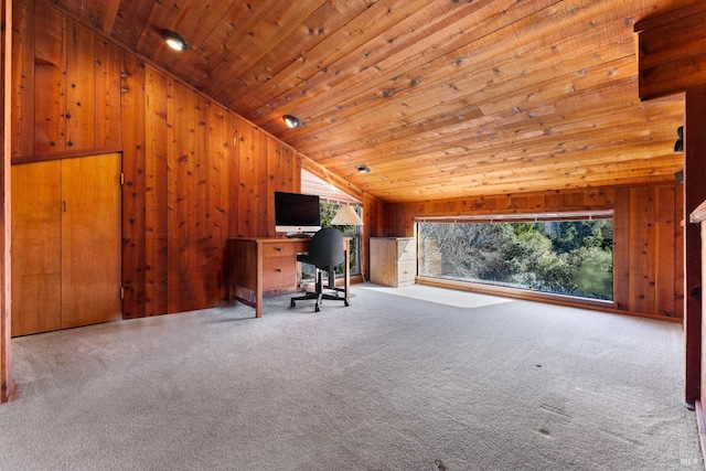 unfurnished office with vaulted ceiling, a healthy amount of sunlight, wood ceiling, and wooden walls