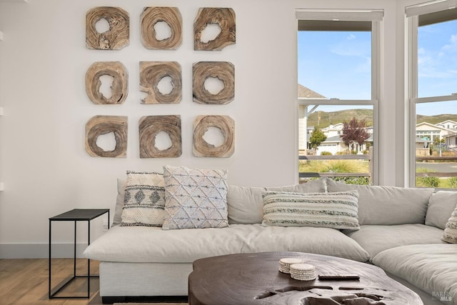 living area featuring baseboards and wood finished floors