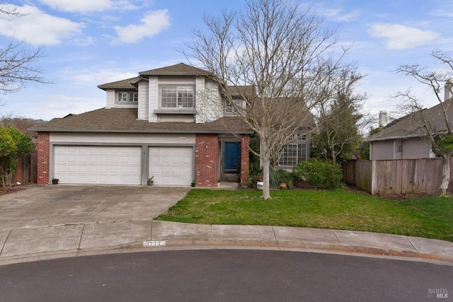 traditional home with a garage, brick siding, fence, concrete driveway, and a front yard