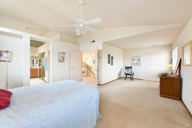 bedroom with light colored carpet, vaulted ceiling, visible vents, and baseboards