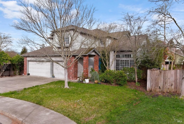 traditional-style home with concrete driveway, brick siding, a front yard, and fence