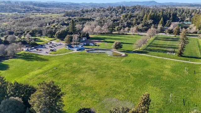 aerial view featuring a forest view and a rural view