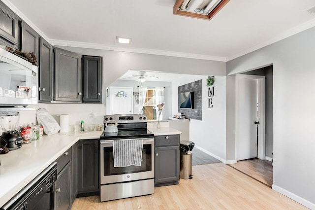 kitchen with white microwave, ornamental molding, dishwasher, and stainless steel range with electric cooktop