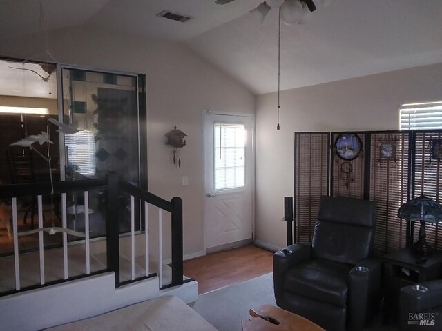 808 Pochard Way, Suisun City, CA 94585 - living area with lofted ceiling, ceiling fan, and baseboards