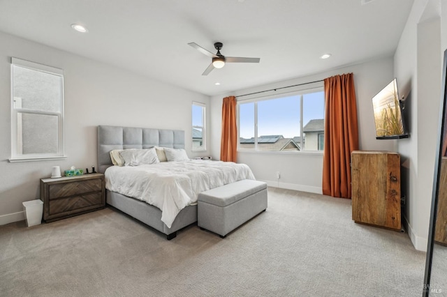 bedroom featuring carpet floors, recessed lighting, and baseboards