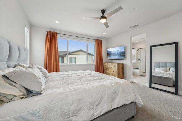 bedroom with carpet floors, recessed lighting, visible vents, and a ceiling fan