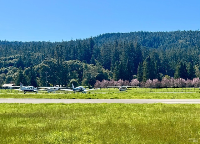 surrounding community with a lawn and a wooded view