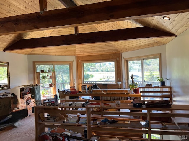 interior space with wooden ceiling, vaulted ceiling with beams, a healthy amount of sunlight, and wood finished floors