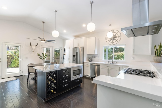 kitchen featuring stainless steel appliances, french doors, light countertops, and island range hood