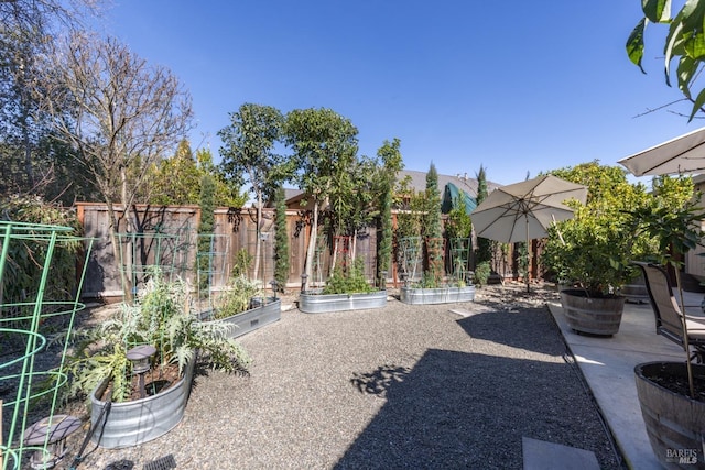 view of yard with a garden, fence, and a patio