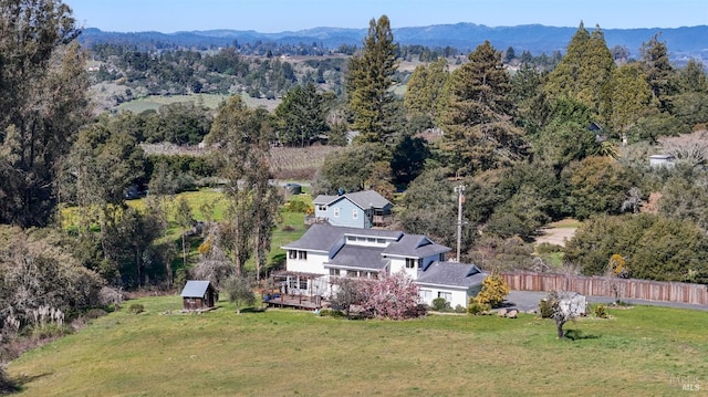 aerial view with a mountain view and a view of trees