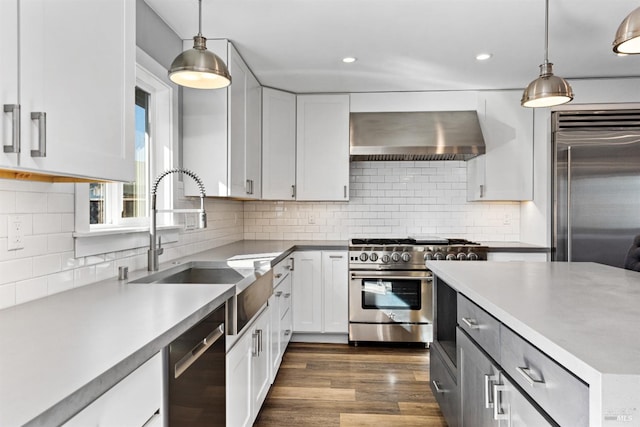 kitchen featuring a sink, premium appliances, dark wood-style floors, white cabinetry, and extractor fan