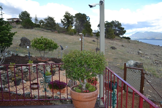 view of yard featuring a water and mountain view