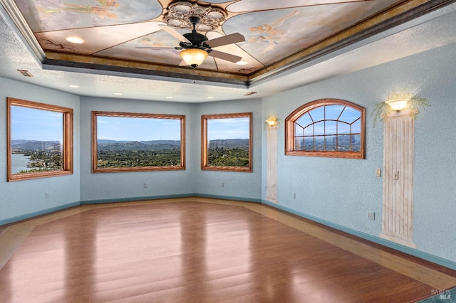 spare room featuring ceiling fan, baseboards, a raised ceiling, and wood finished floors