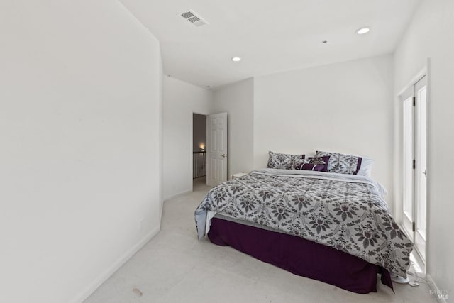 carpeted bedroom with baseboards, visible vents, and recessed lighting