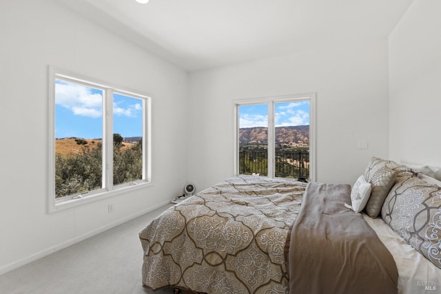 bedroom with access to exterior, carpet, and baseboards